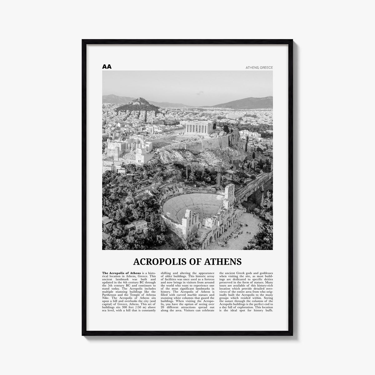 Acropolis of Athens black & white newspaper poster of Athens, Greece – vertical wall art, unframed print shown in interior mo