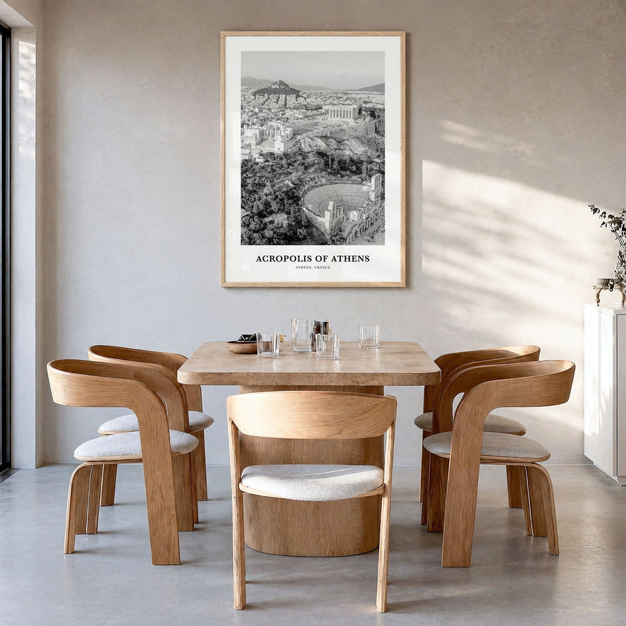 Acropolis of Athens Classic Poster in a natural wood frame, hanging in a dining room