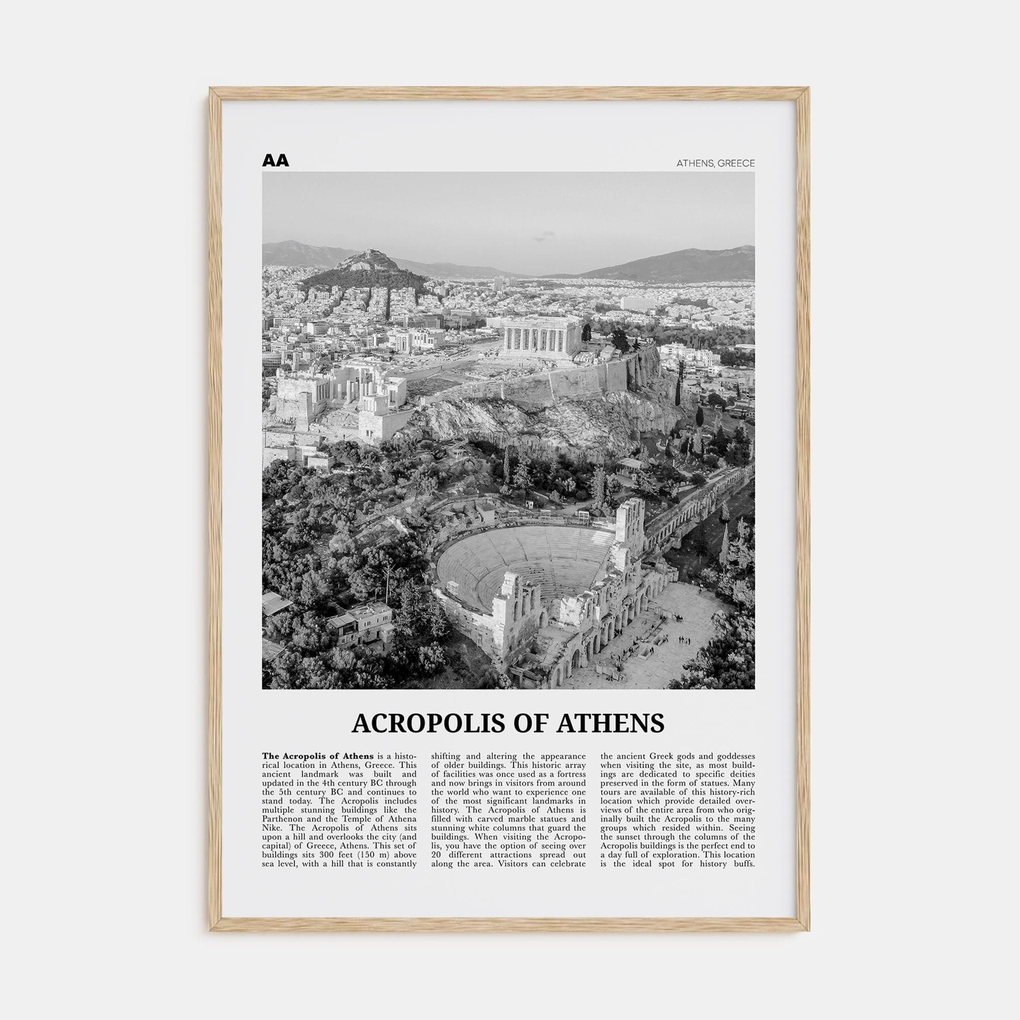 Acropolis of Athens Poster Natural Wood / 8x12 in Nbourhood Travel B&W Poster