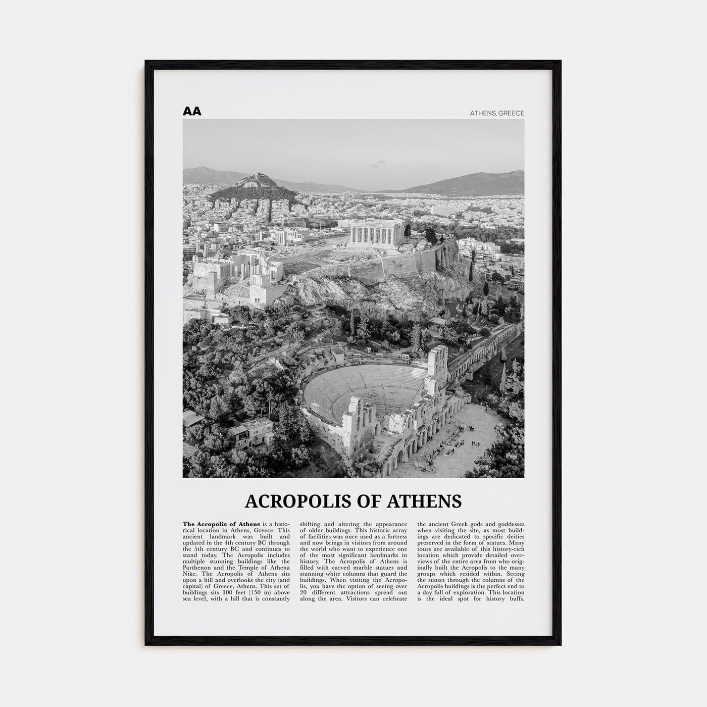 Acropolis of Athens Poster Black Wood / 8x12 in Nbourhood Travel B&W Poster