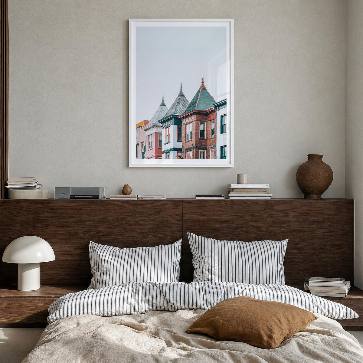 Adam Morgan colorful photo poster – vertical wall art in white wood frame with white border, hanging on wall