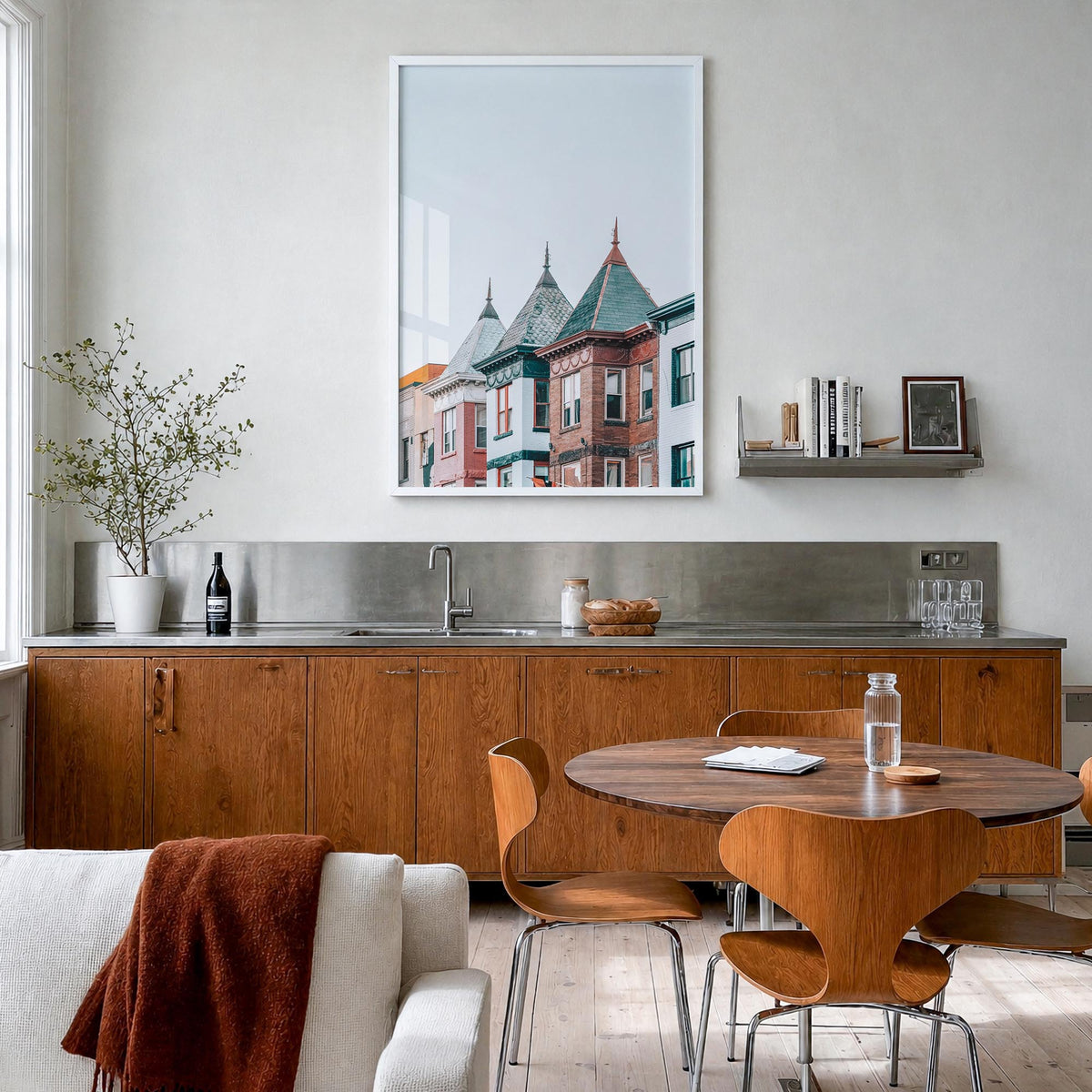 Adam Morgan colorful photo poster – vertical wall art in white wood frame, hanging on wall