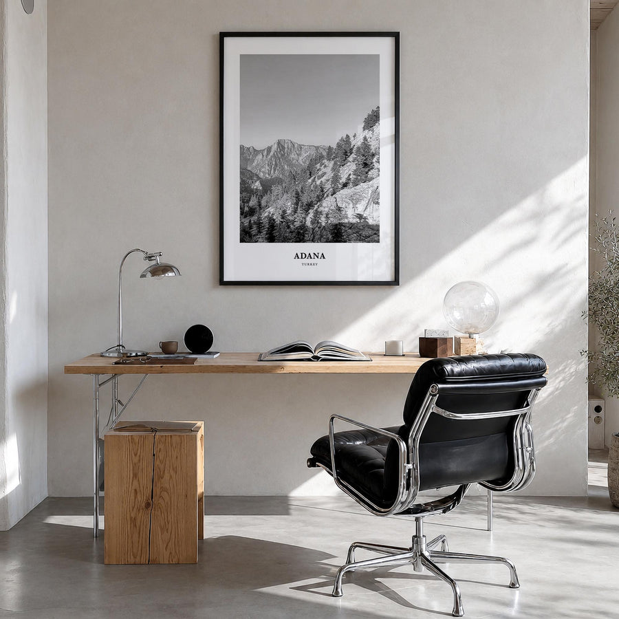 Adana black & white classic poster of Türkiye – vertical wall art in black wood frame, hanging on wall