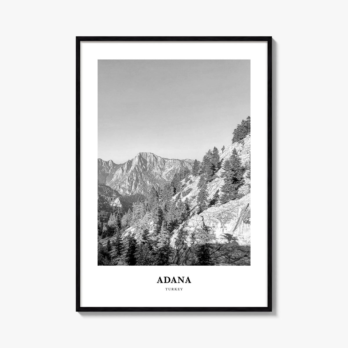 Adana black & white classic poster of Türkiye – vertical wall art, unframed print shown in interior mockup