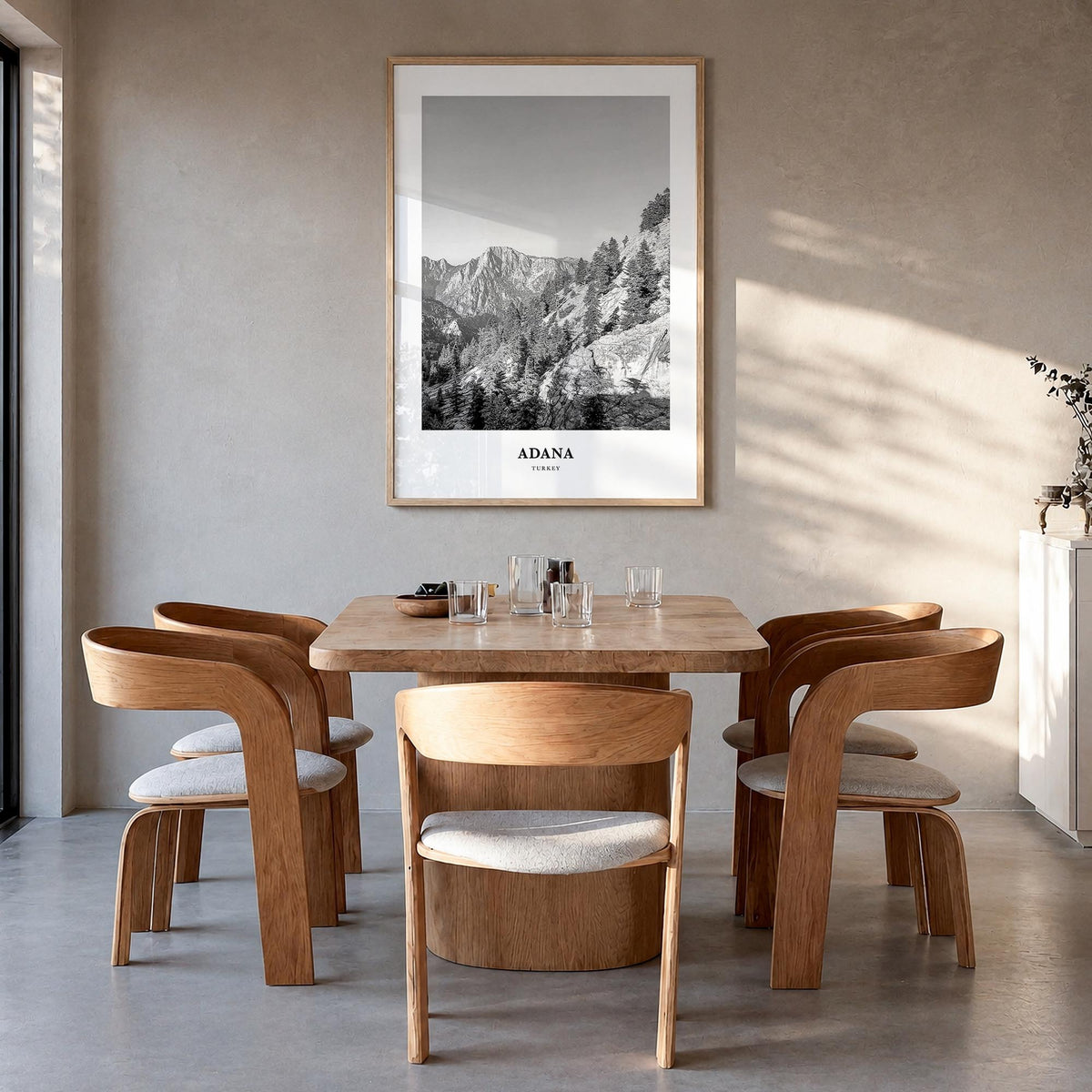 Adana black & white classic poster of Türkiye – vertical wall art in natural wood frame, hanging on wall
