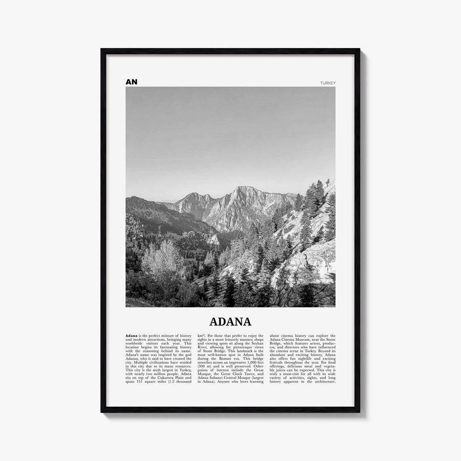 Adana black & white newspaper poster of Türkiye – vertical wall art, unframed print shown in interior mockup