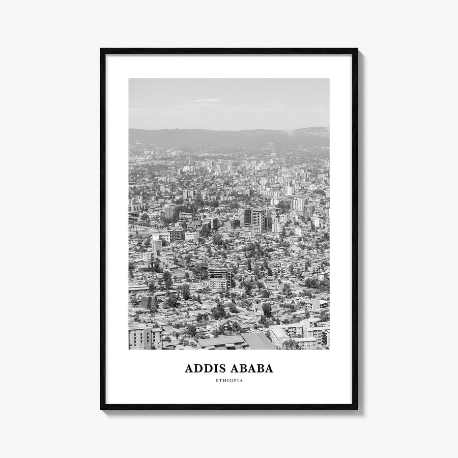 Addis Ababa black & white classic poster of Ethiopia – vertical wall art, unframed print shown in interior mockup