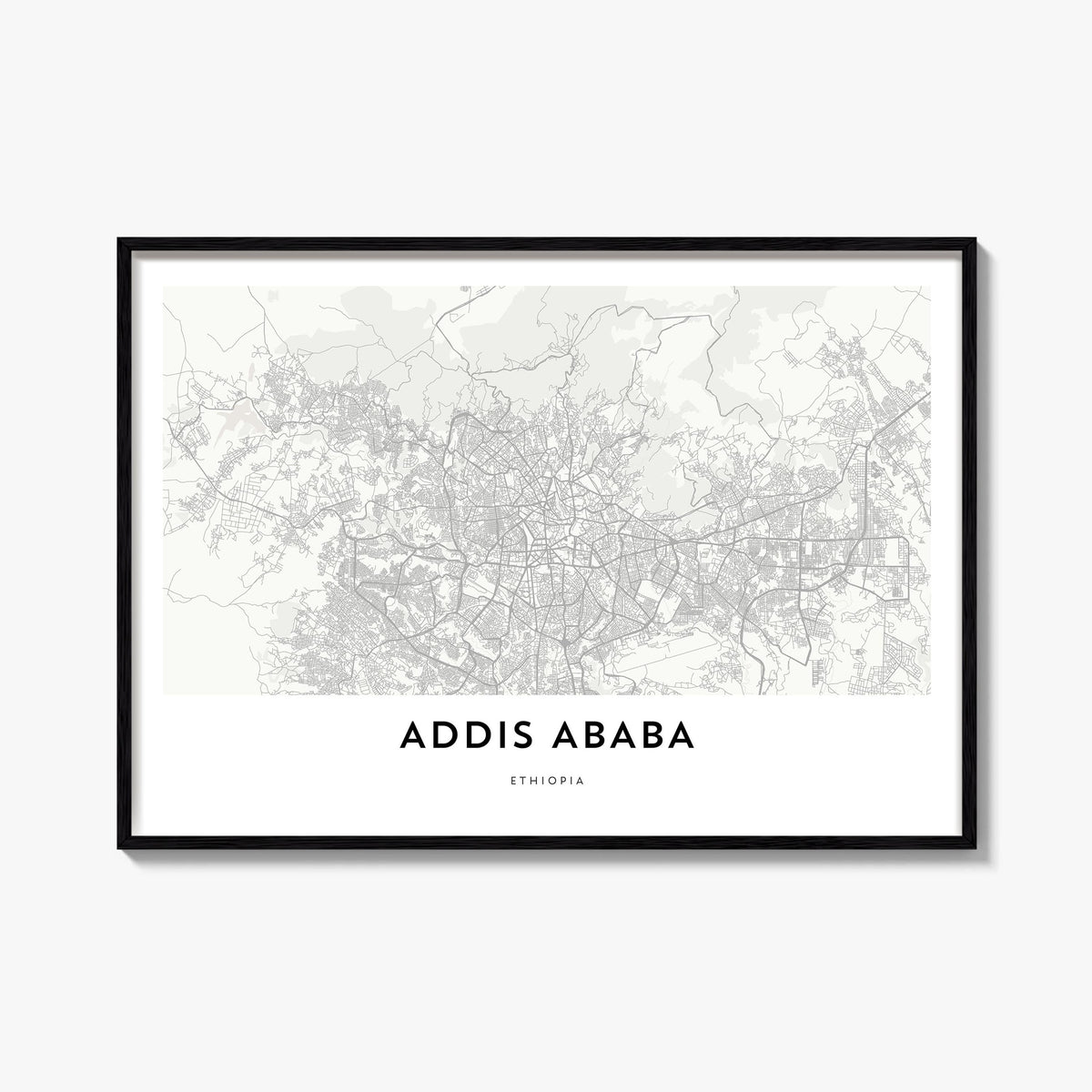 Addis Ababa black & white map poster of Ethiopia – horizontal wall art, unframed print shown in interior mockup