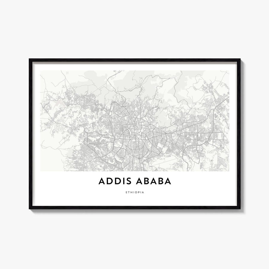 Addis Ababa black & white map poster of Ethiopia – horizontal wall art, unframed print shown in interior mockup