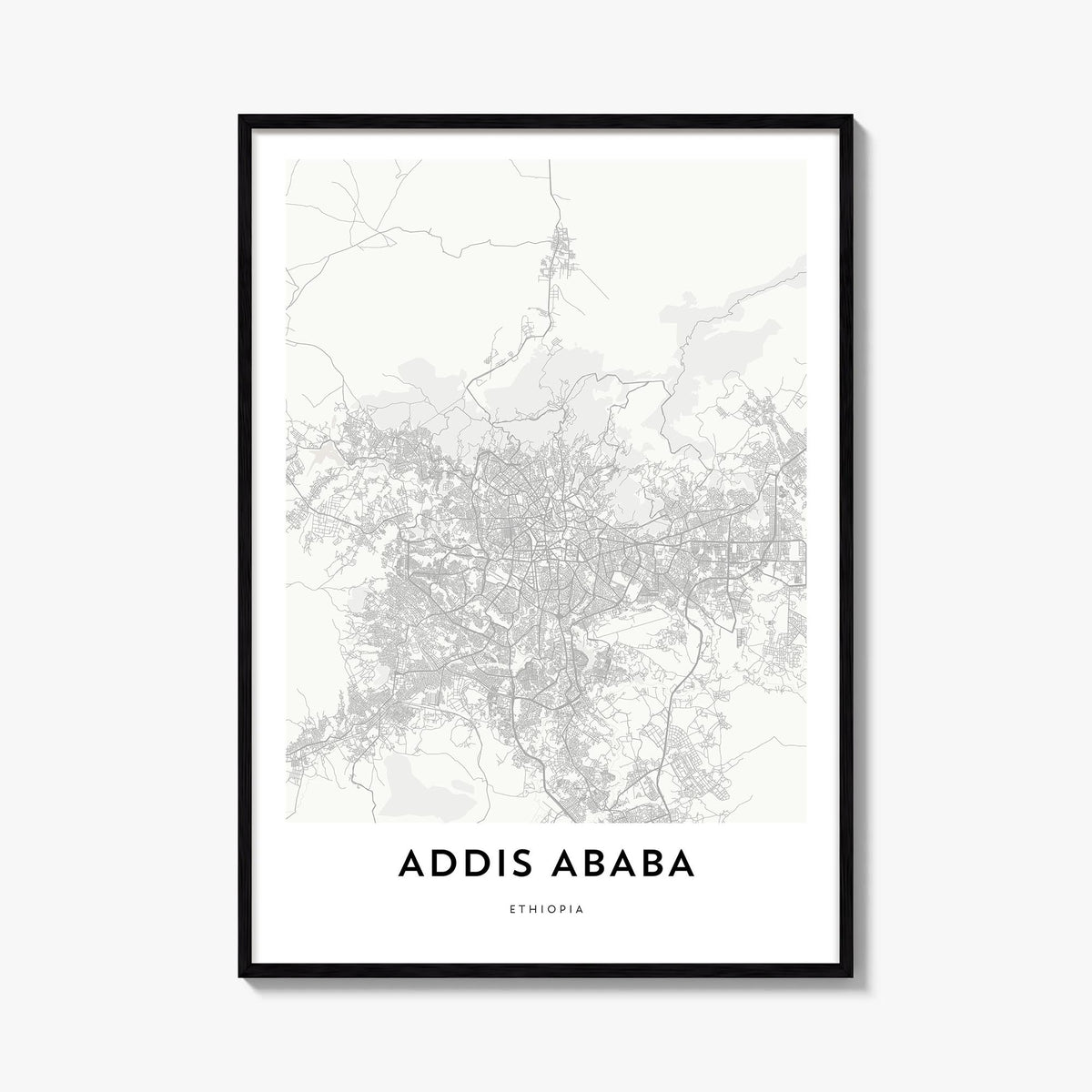 Addis Ababa black & white map poster of Ethiopia – vertical wall art, unframed print shown in interior mockup