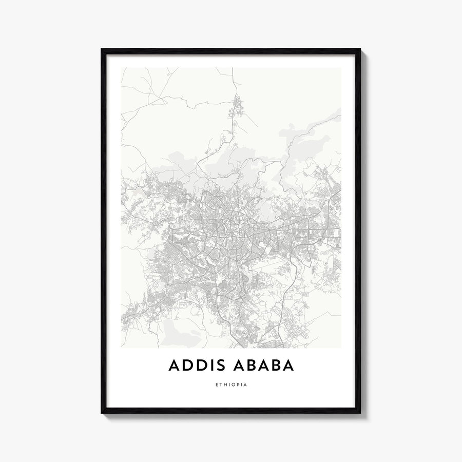 Addis Ababa black & white map poster of Ethiopia – vertical wall art, unframed print shown in interior mockup