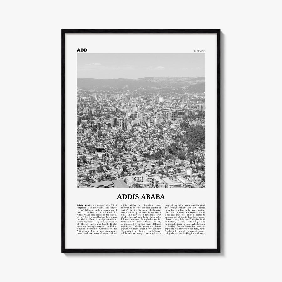 Addis Ababa black & white newspaper poster of Ethiopia – vertical wall art, unframed print shown in interior mockup