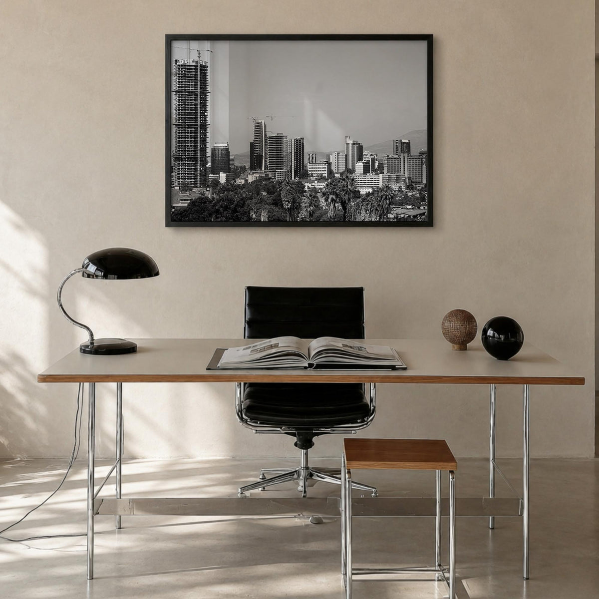 Addis Ababa black & white photo poster of Ethiopia – horizontal wall art in black wood frame, hanging on wall