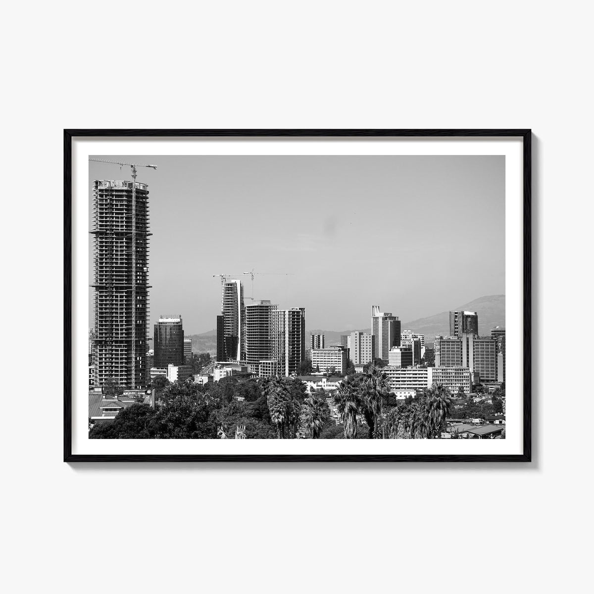 Addis Ababa black & white photo poster of Ethiopia – horizontal wall art, unframed print shown in interior mockup