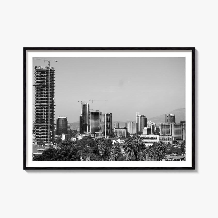 Addis Ababa black & white photo poster of Ethiopia – horizontal wall art, unframed print shown in interior mockup