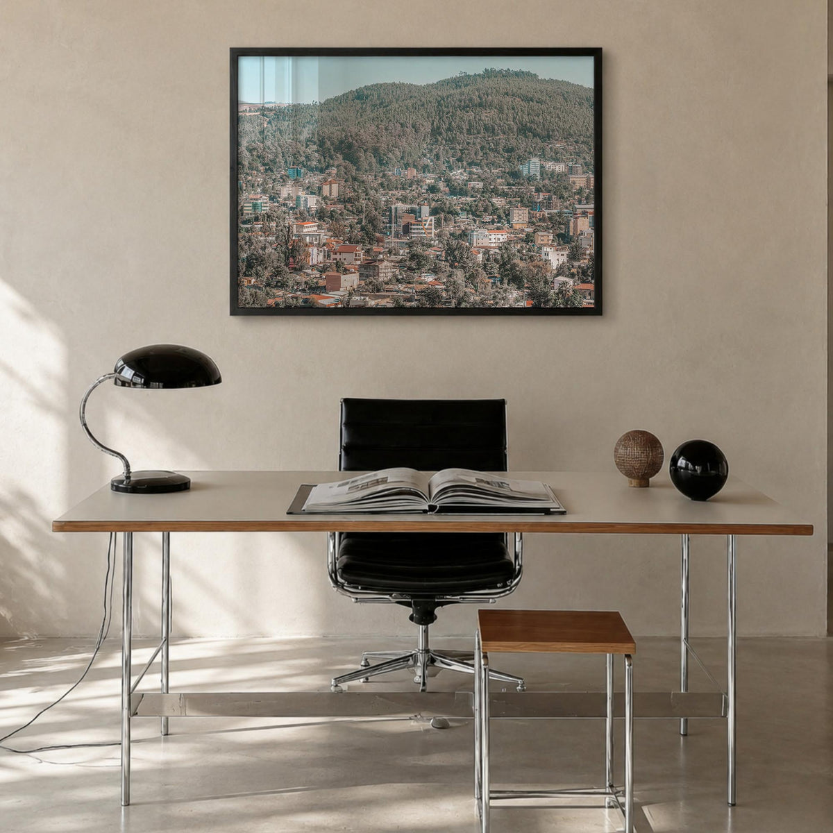 Addis Ababa colorful photo poster of Ethiopia – horizontal wall art in black wood frame, hanging on wall