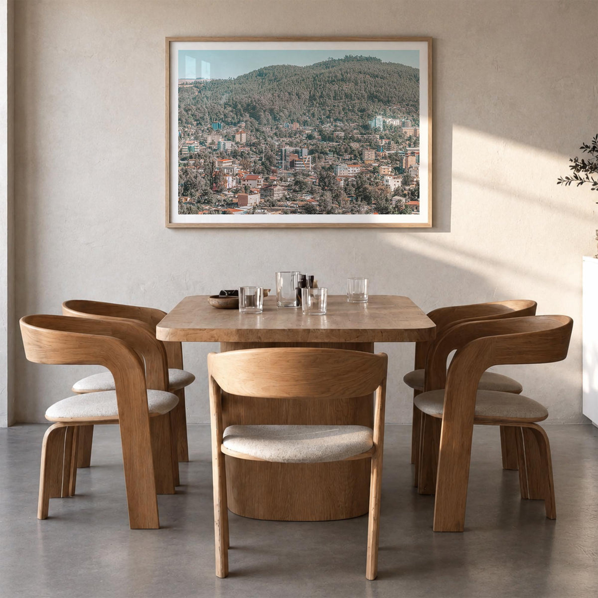 Addis Ababa colorful photo poster of Ethiopia – horizontal wall art in natural wood frame with white border, hanging on wall