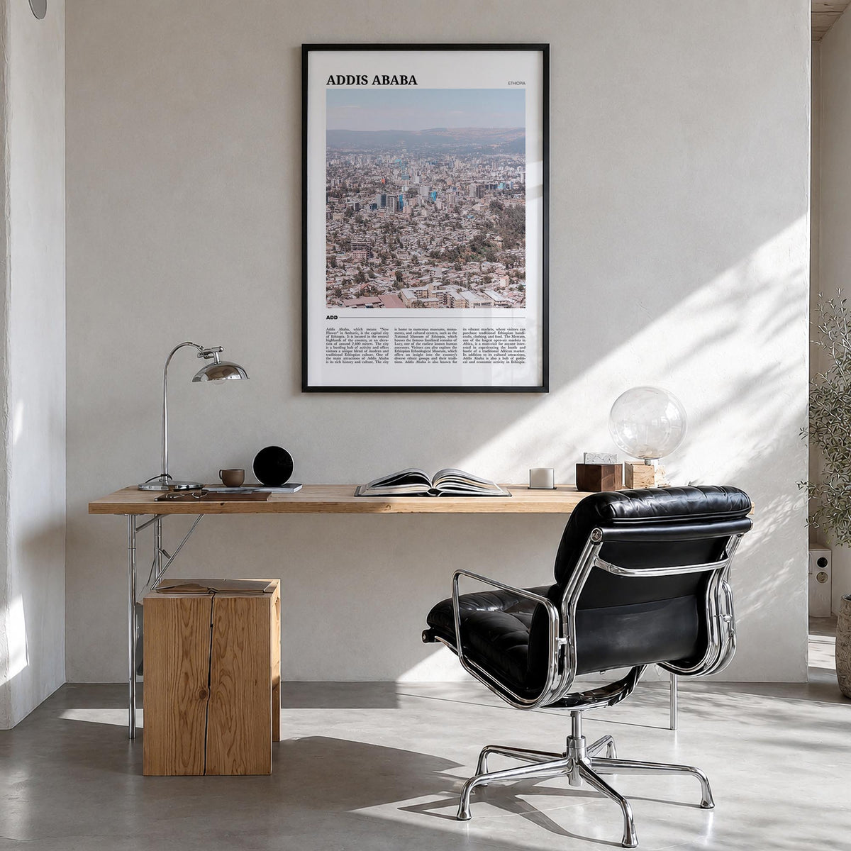 Addis Ababa colorful travel poster of Ethiopia – vertical wall art in black wood frame, hanging on wall
