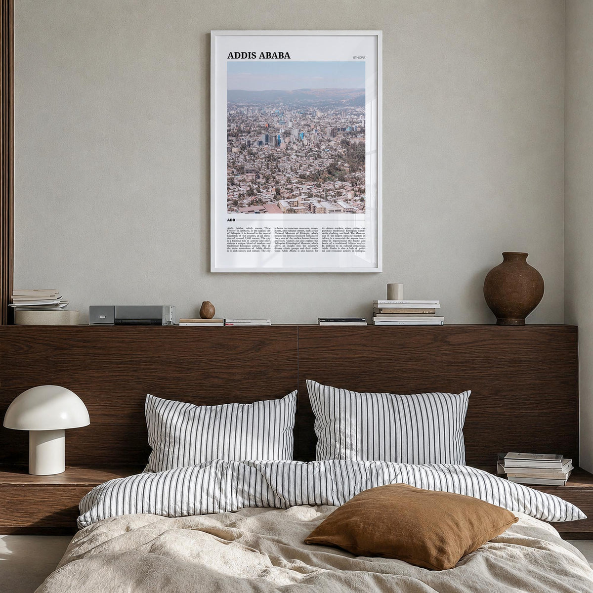 Addis Ababa colorful travel poster of Ethiopia – vertical wall art in white wood frame, hanging on wall