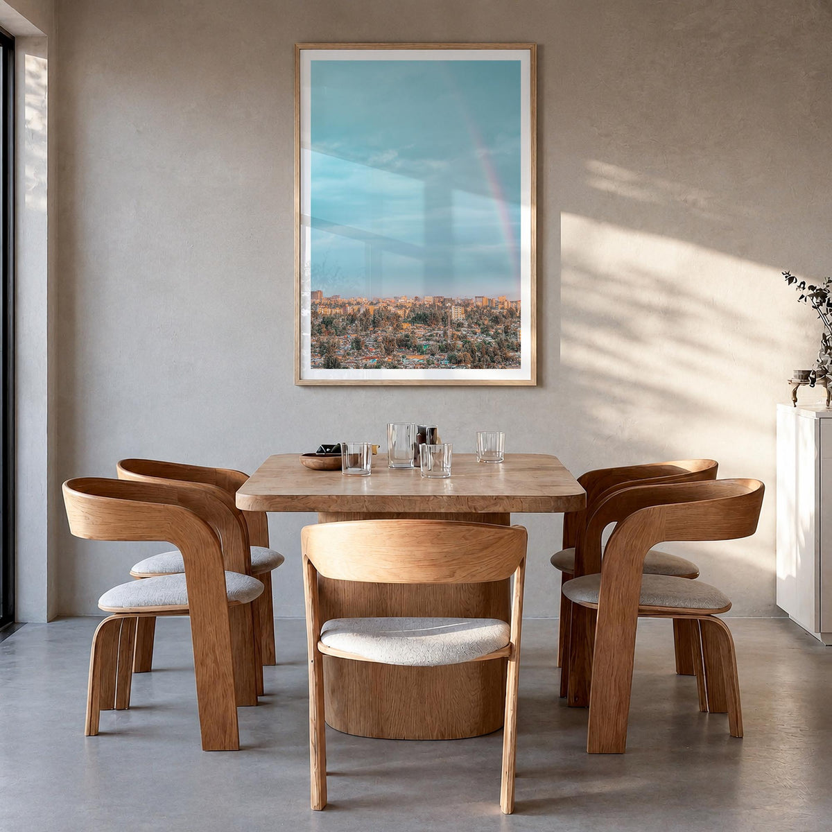 Addis Ababa no. 1 colorful photo poster of Ethiopia – vertical wall art in natural wood frame with white border, hanging on w