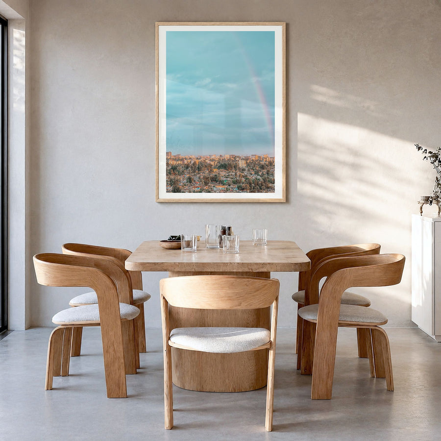Addis Ababa Photo No 1 Poster in a natural wood frame, hanging in a dining room, white border