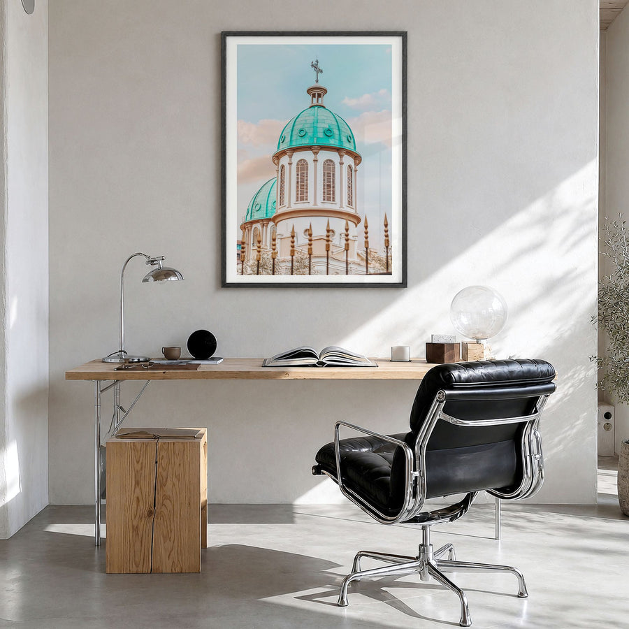 Addis Ababa Photo No 2 Poster in a black wood frame, hanging in a bright home office, white border
