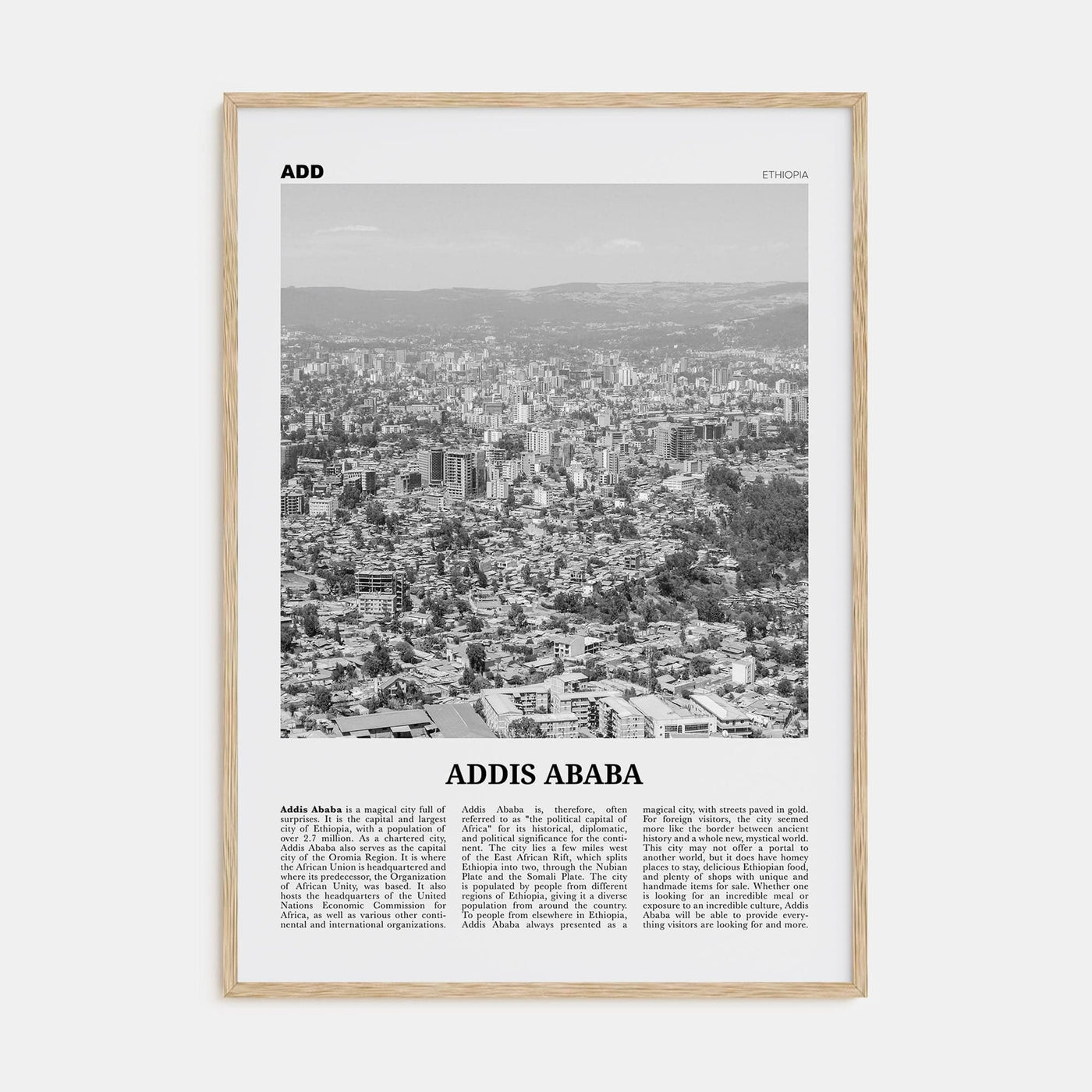 Addis Ababa Poster Natural Wood / 8x12 in Nbourhood Travel B&W Poster