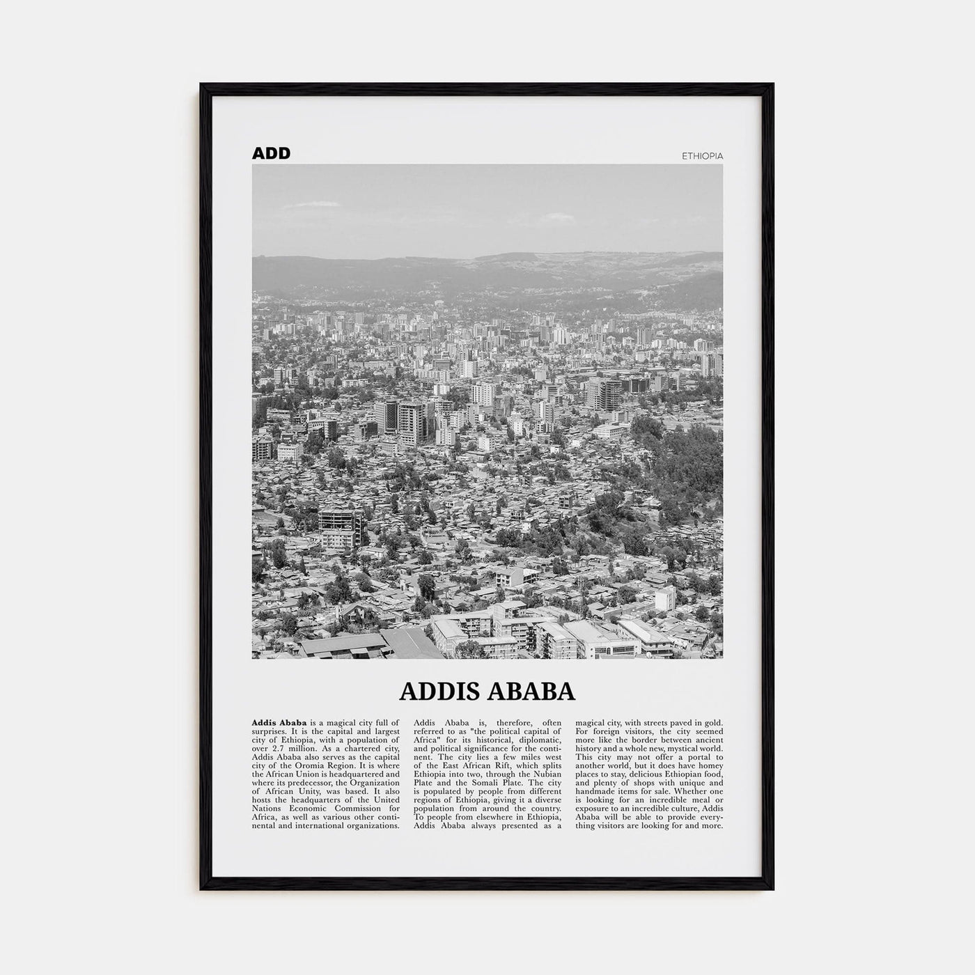 Addis Ababa Poster Black Wood / 8x12 in Nbourhood Travel B&W Poster