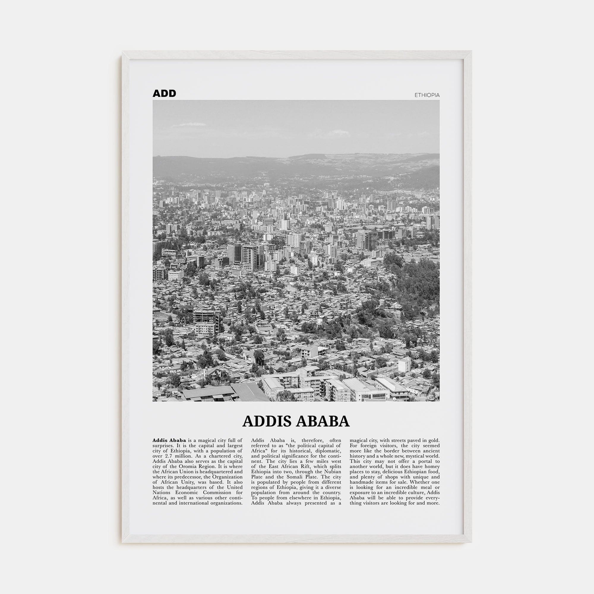 Addis Ababa Poster White Wood / 8x12 in Nbourhood Travel B&W Poster