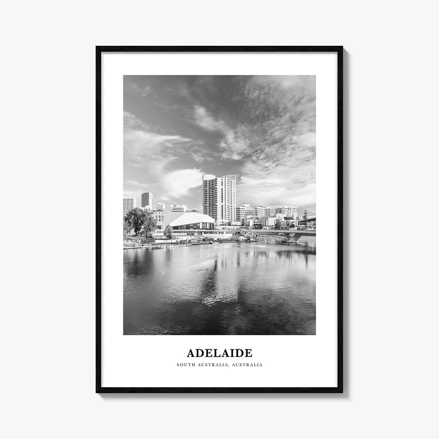 Adelaide black & white classic poster of South Australia, Australia – vertical wall art, unframed print shown in interior moc