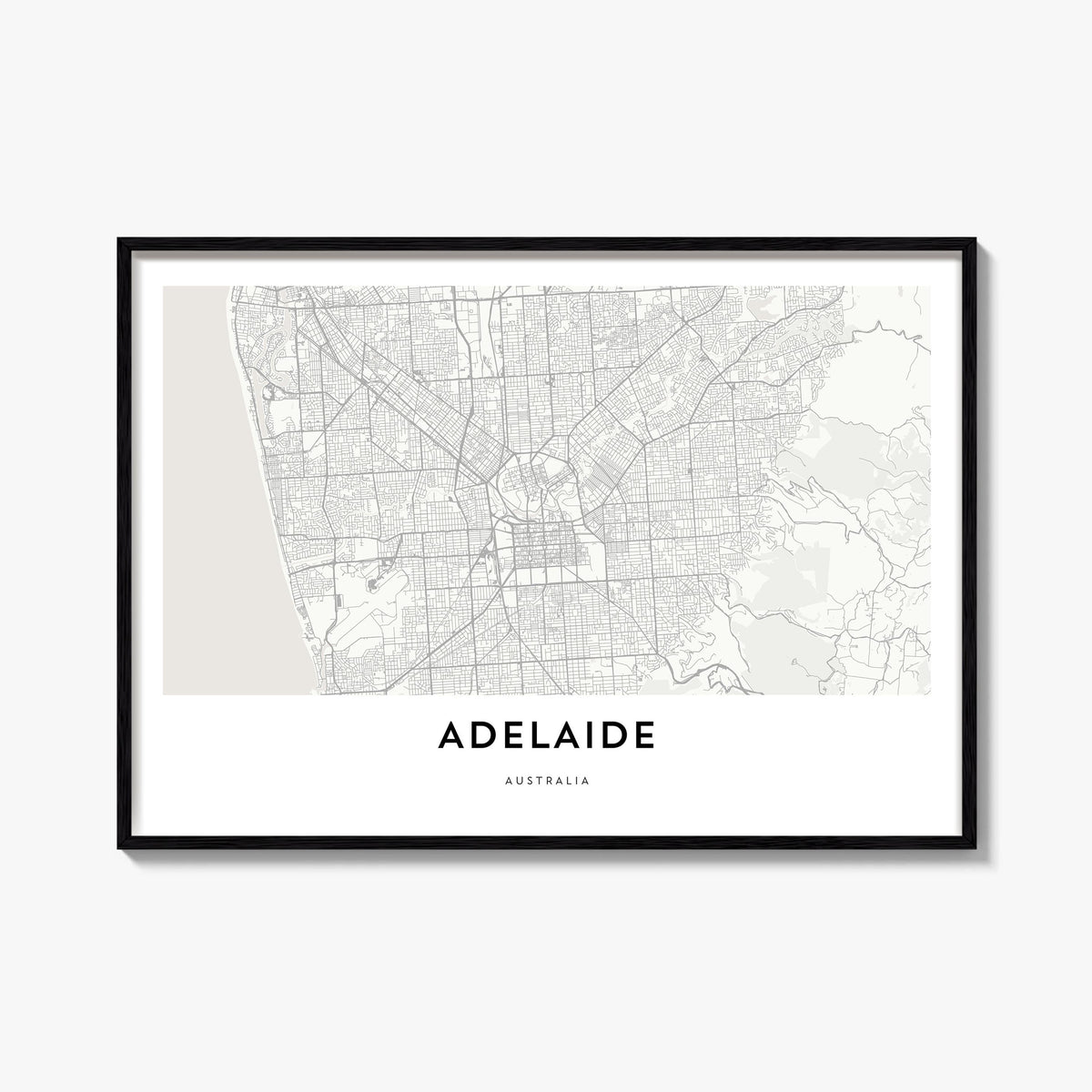 Adelaide black & white map poster of South Australia, Australia – horizontal wall art, unframed print shown in interior mocku