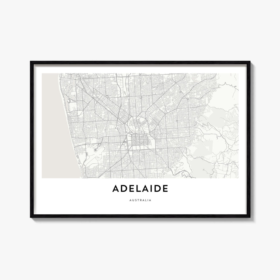 Adelaide black & white map poster of South Australia, Australia – horizontal wall art, unframed print shown in interior mocku