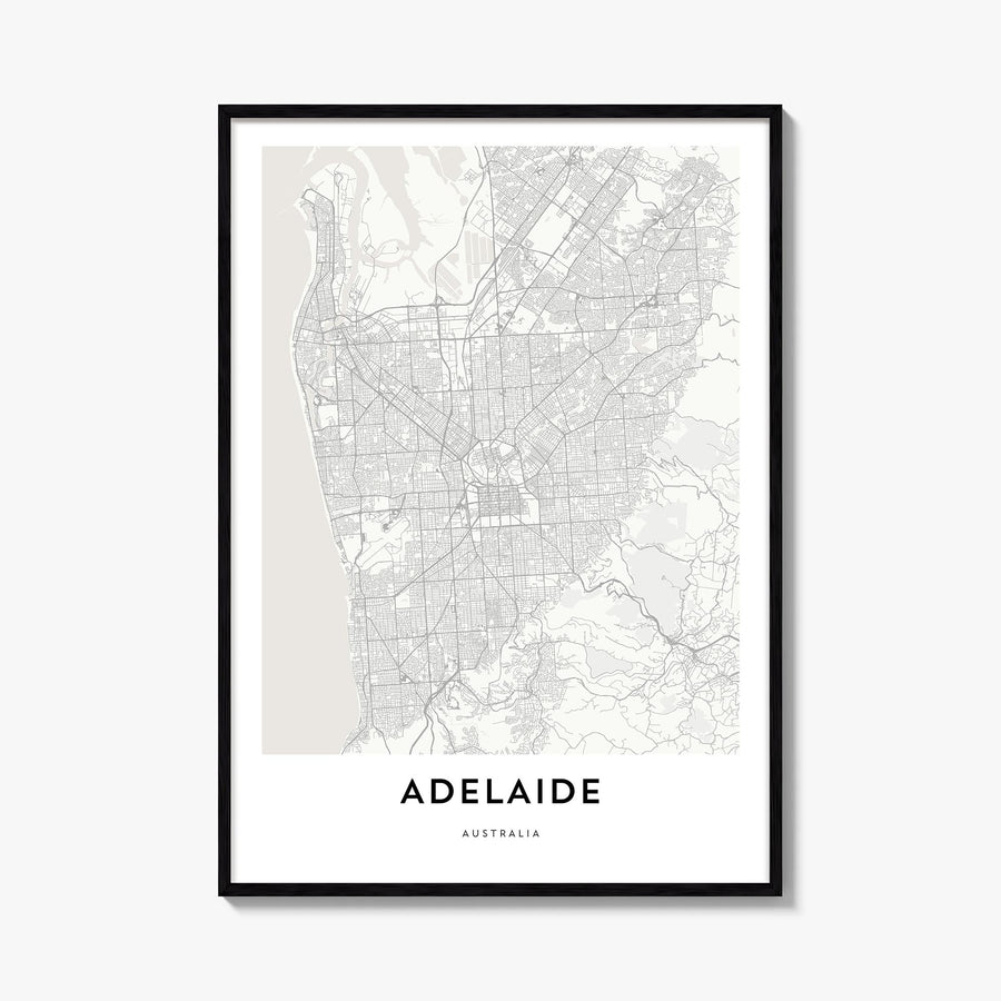 Adelaide black & white map poster of South Australia, Australia – vertical wall art, unframed print shown in interior mockup