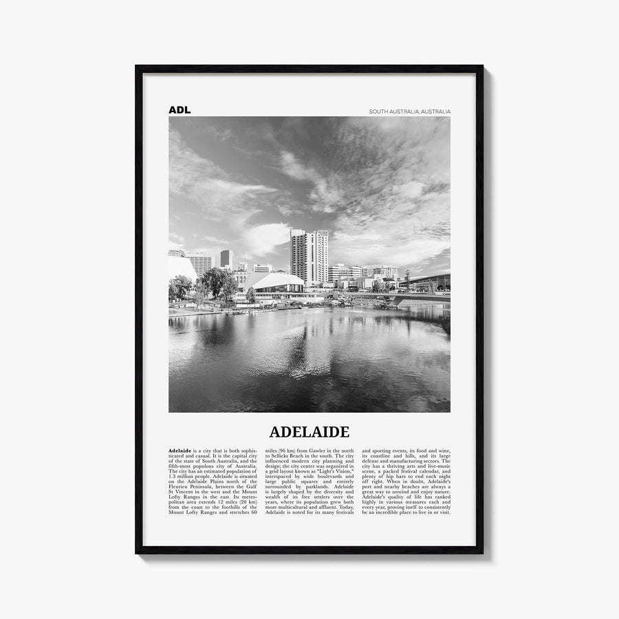 Adelaide black & white newspaper poster of South Australia, Australia – vertical wall art, unframed print shown in interior m