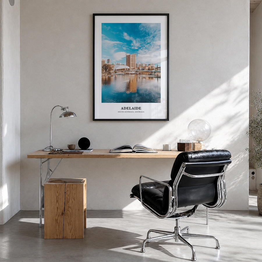 Adelaide colorful classic poster of South Australia, Australia – vertical wall art in black wood frame, hanging on wall
