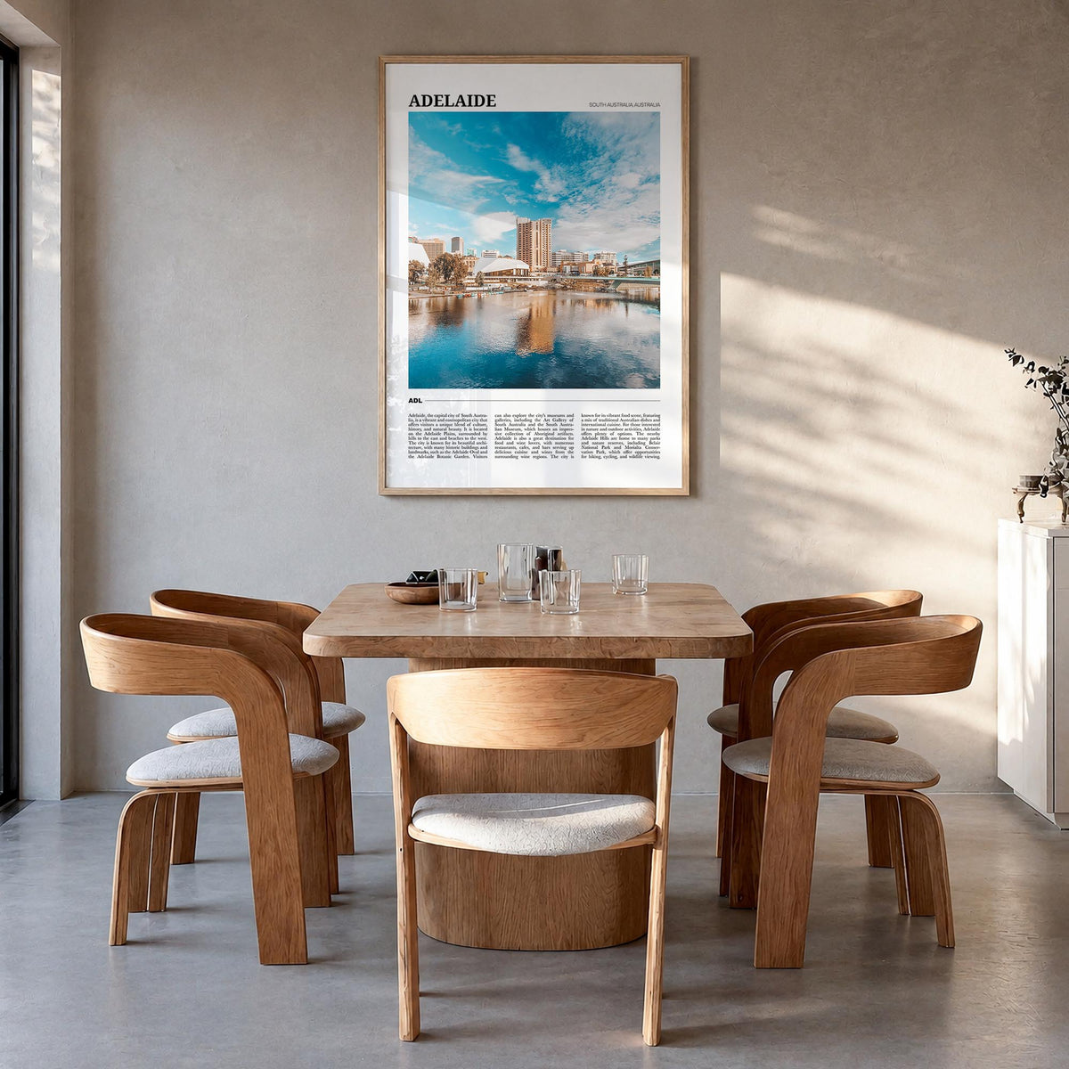 Adelaide colorful travel poster of South Australia, Australia – vertical wall art in natural wood frame, hanging on wall