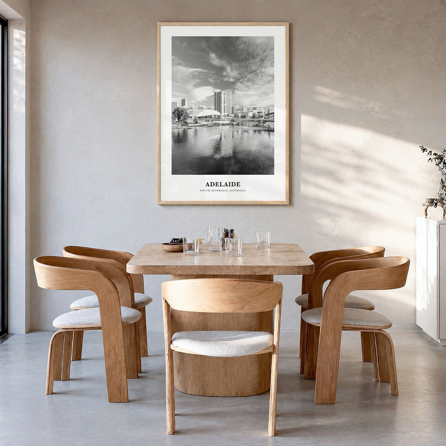 Adelaide Classic Poster in a natural wood frame, hanging in a dining room