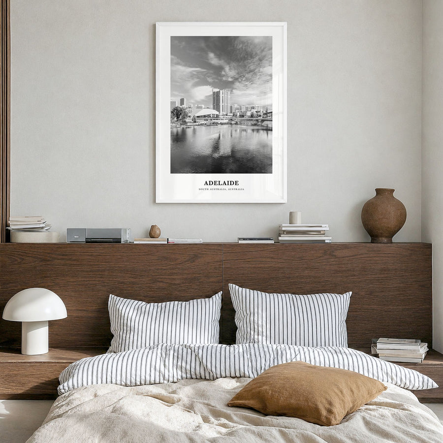 Adelaide Classic Poster in a white wood frame, hanging in a bedroom
