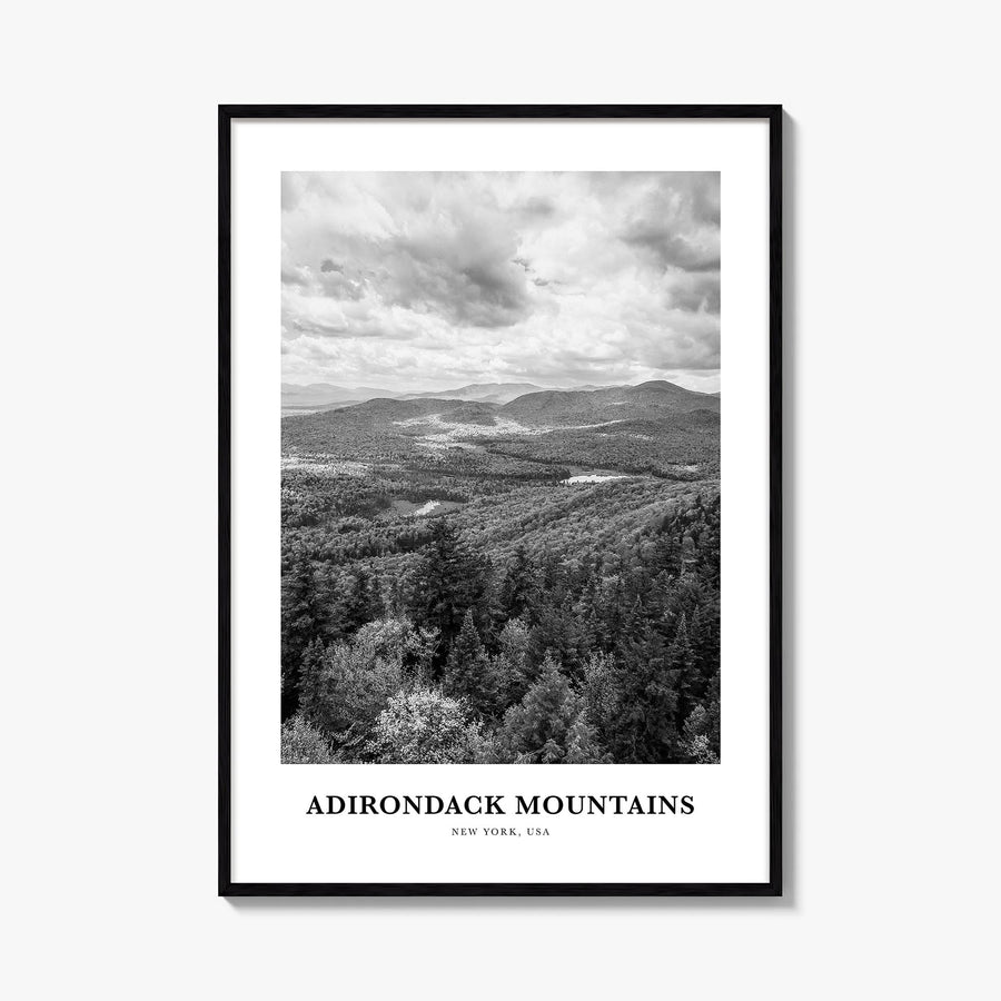 Adirondack Mountains black & white classic poster of New York, USA – vertical wall art, unframed print shown in interior mock