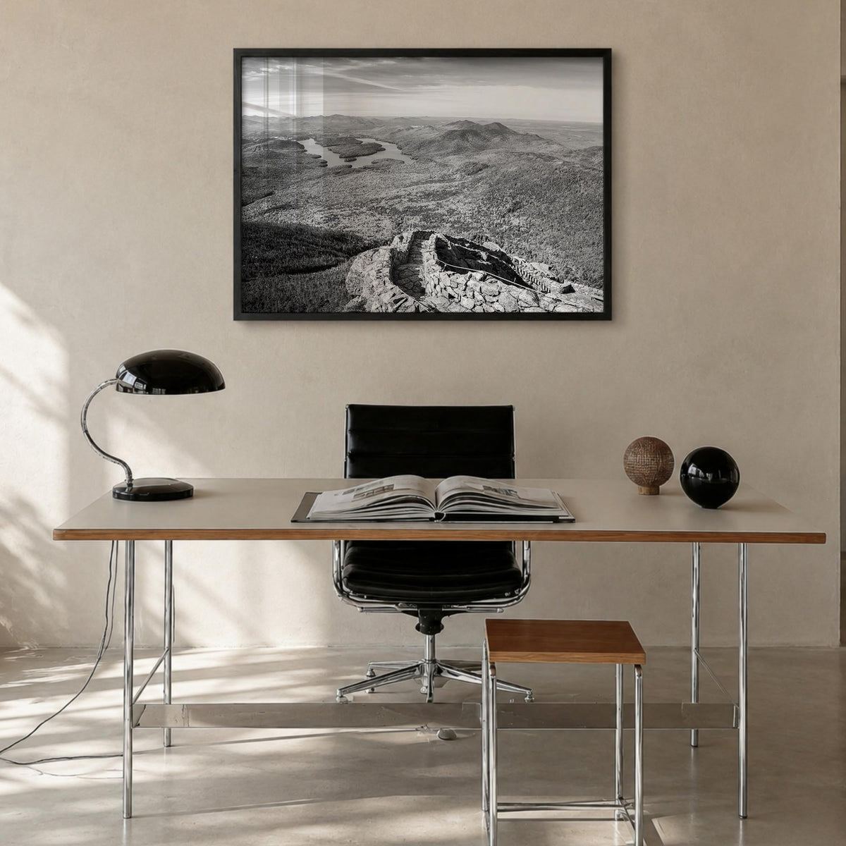 Adirondack Mountains black & white photo poster of New York, USA – horizontal wall art in black wood frame, hanging on wall