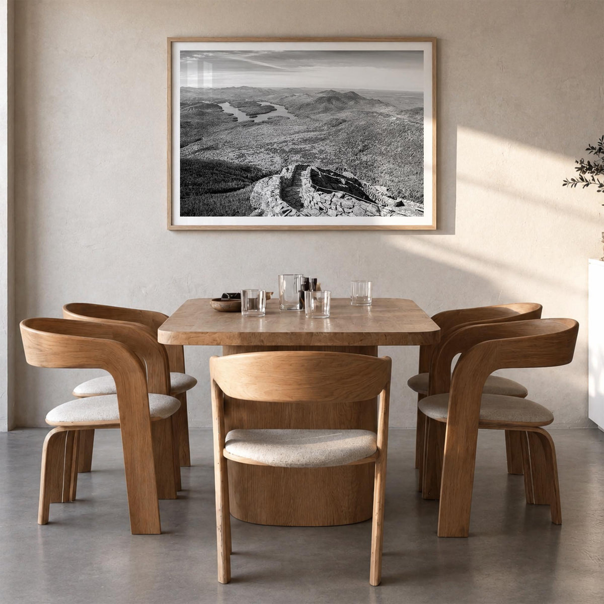 Adirondack Mountains black & white photo poster of New York, USA – horizontal wall art in natural wood frame with white borde