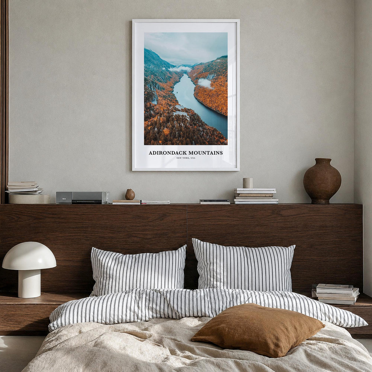 Adirondack Mountains colorful classic poster of New York, USA – vertical wall art in white wood frame, hanging on wall