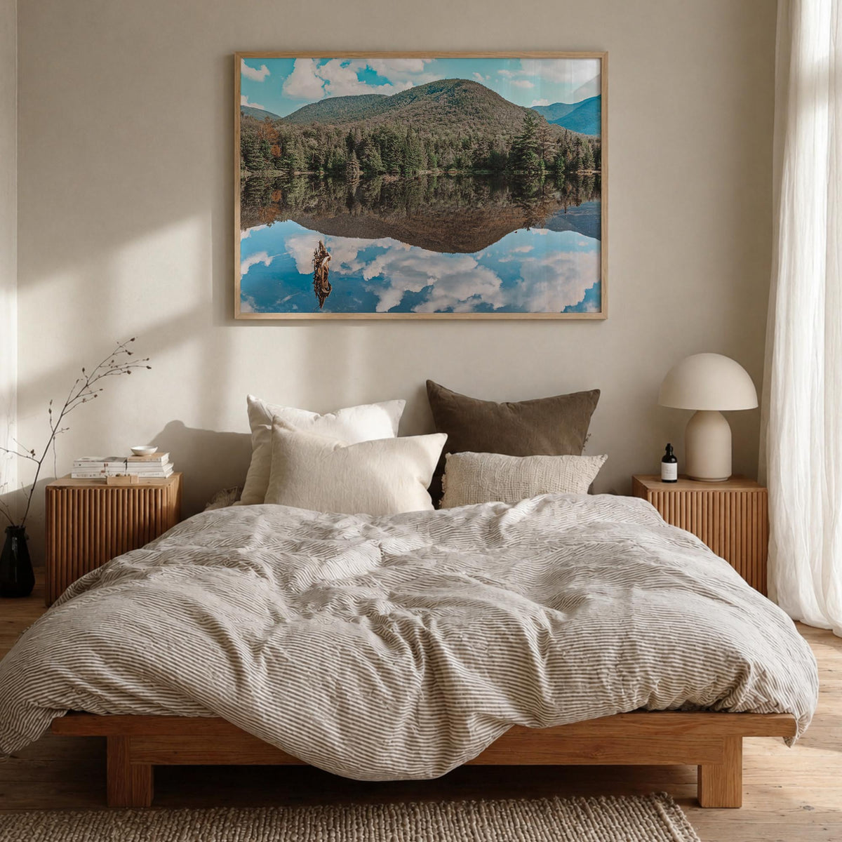 Adirondack Mountains colorful photo poster of New York, USA – horizontal wall art in natural wood frame, hanging on wall