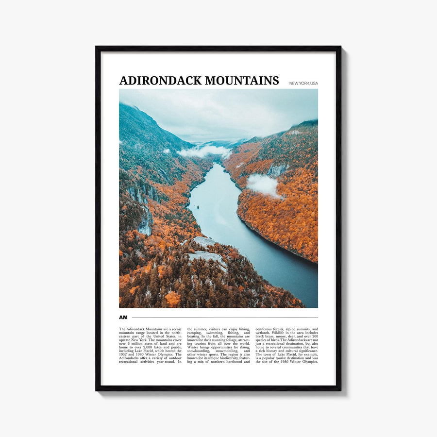 Adirondack Mountains colorful travel poster of New York, USA – vertical wall art, unframed print shown in interior mockup