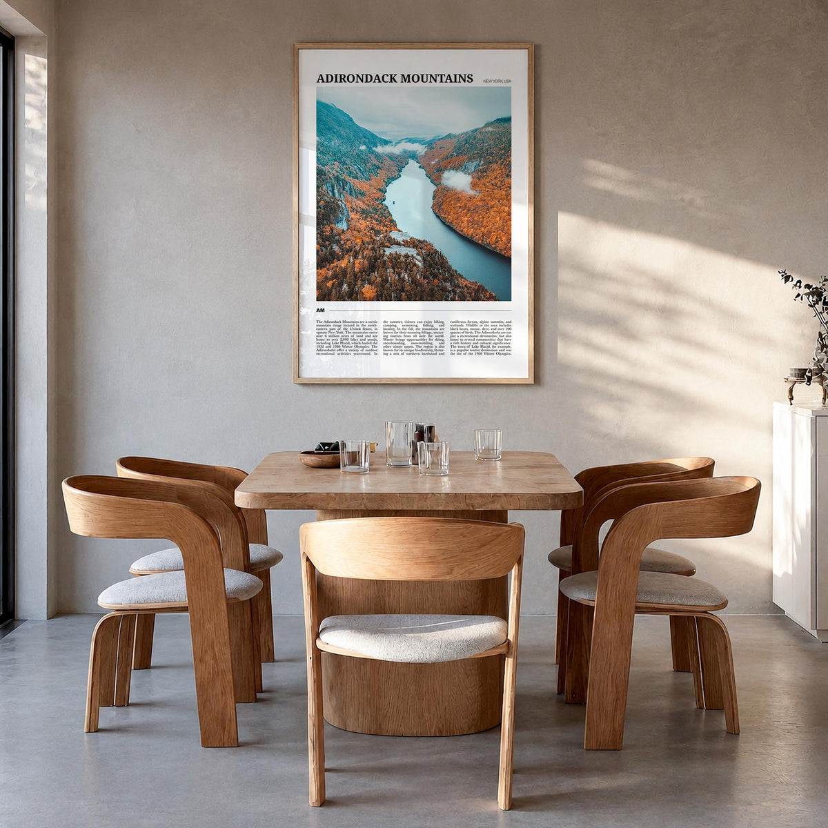 Adirondack Mountains colorful travel poster of New York, USA – vertical wall art in natural wood frame, hanging on wall