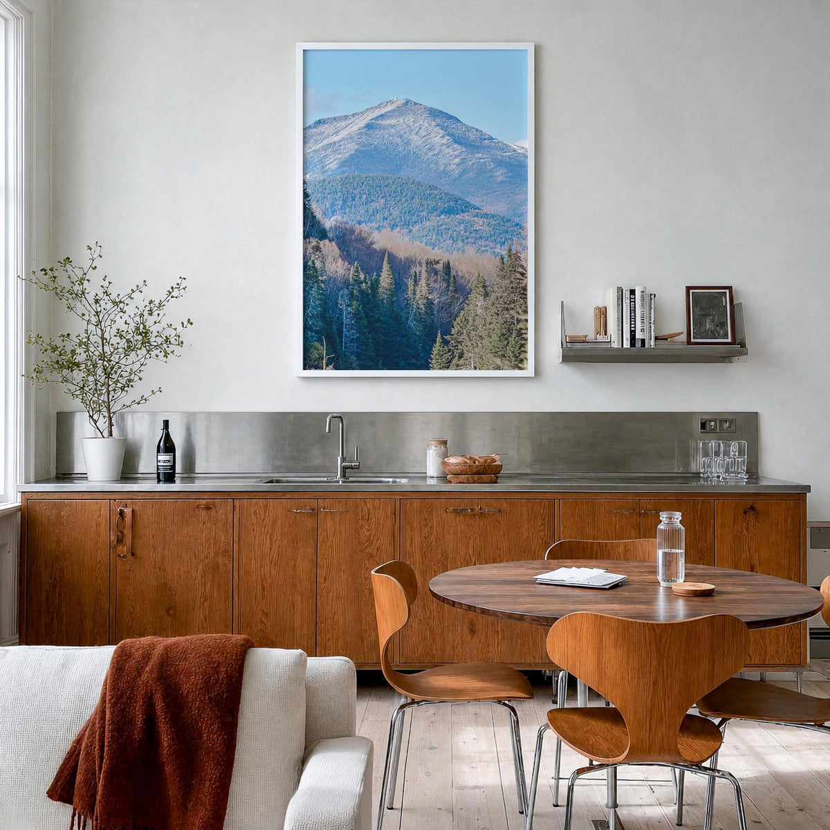 Adirondack Mountains no. 1 colorful photo poster of New York, USA – vertical wall art in white wood frame, hanging on wall