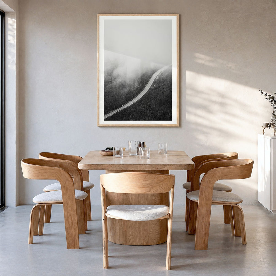 Adirondack Mountains Photo No 3 Poster in a natural wood frame, hanging in a dining room, white border