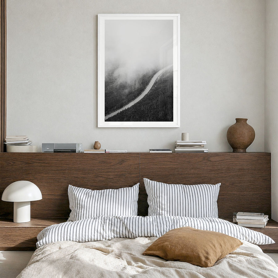 Adirondack Mountains Photo No 3 Poster in a white wood frame, hanging in a bedroom, white border