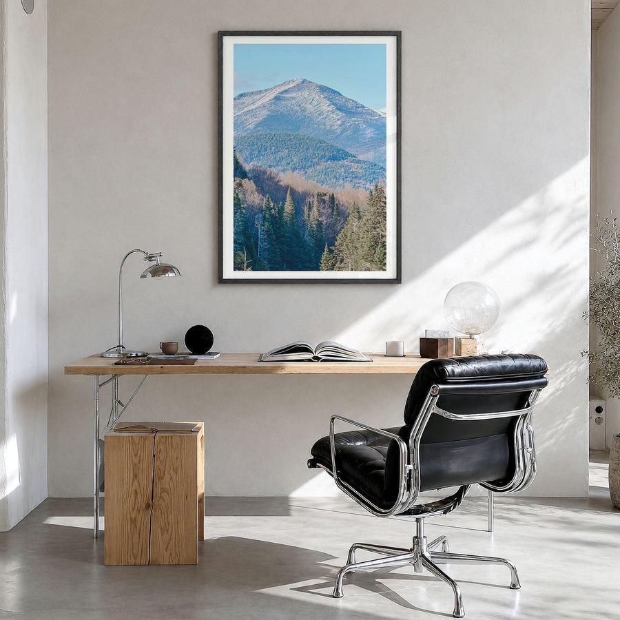 Adirondack Mountains Photo No 1 Poster in a black wood frame, hanging in a bright home office, white border