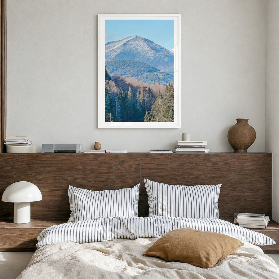 Adirondack Mountains Photo No 1 Poster in a white wood frame, hanging in a bedroom, white border